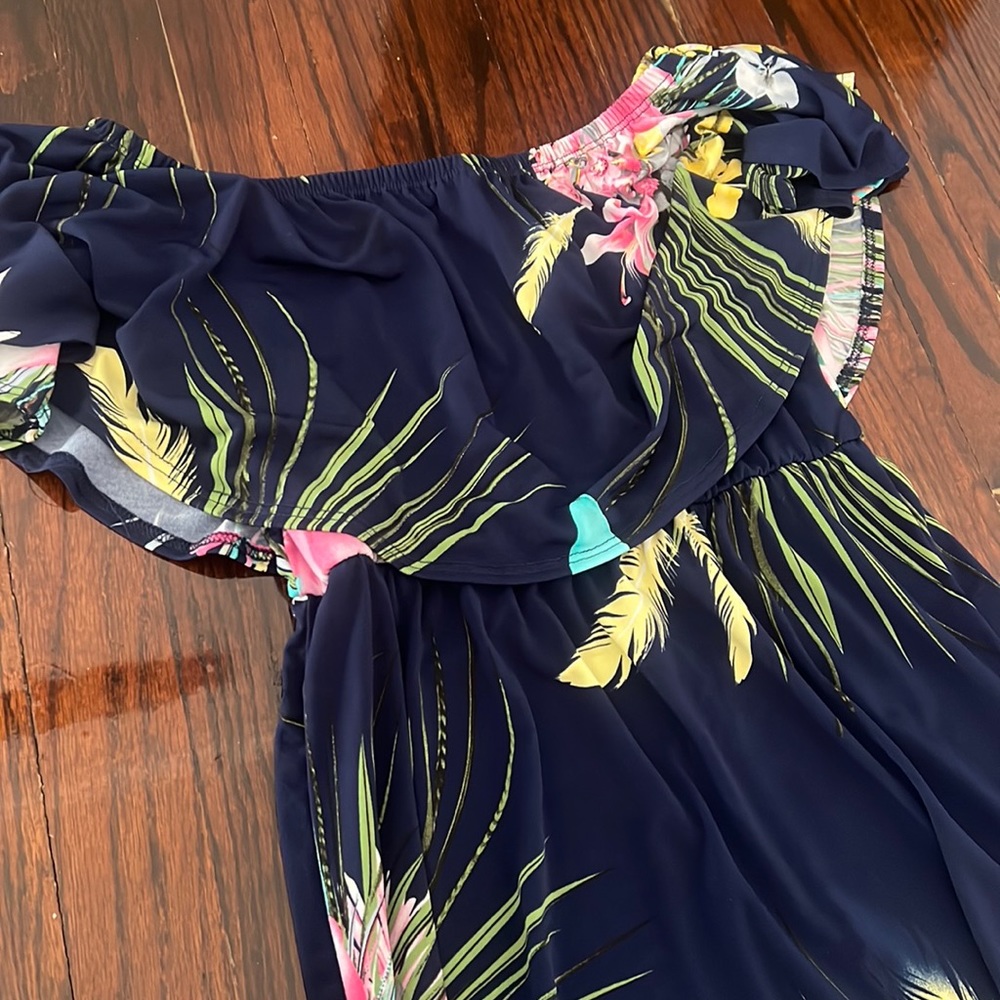 Beautiful off the shoulder dark blue tropical maternity dress
